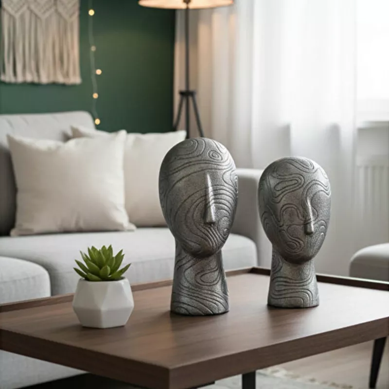 2'li Kadın Suratı Heykel Biblo Gümüş 28x12cm