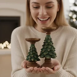 2'li Yılbaşı Çam Ağacı Şamdan ve Mumluk (16 ve 27cm Boy) - 3