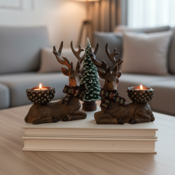 3'lü Geyik Mumluk ve Çam Ağacı Seti 18x16x10 cm - 1