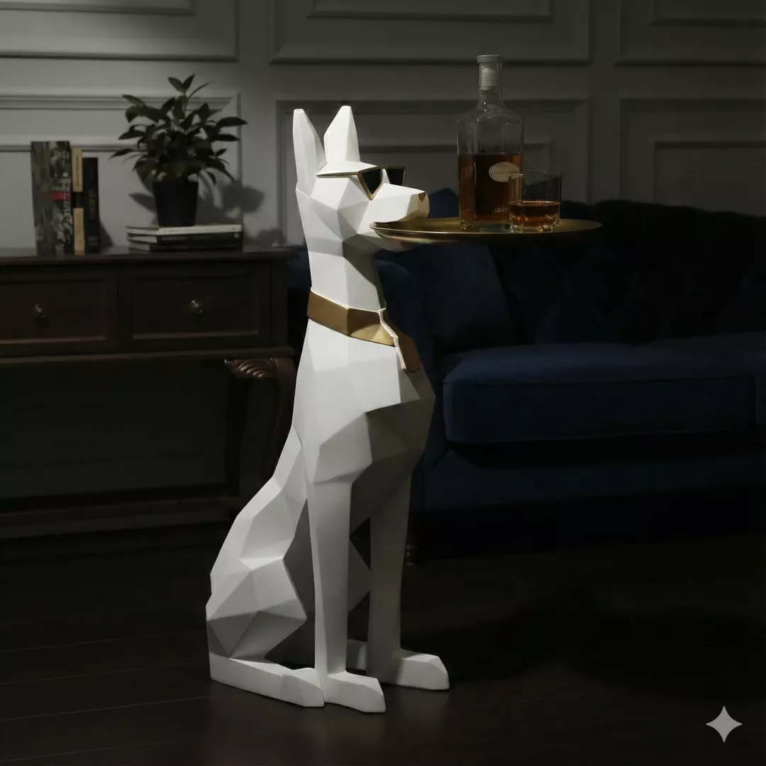 Ağzında Tepsili Heykel Doberman Köpek (Sehpa) 75x42cm (El Boyaması)