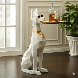 Ağzında Tepsili Heykel Doberman Köpek (Sehpa) 75x42cm (El Boyaması) - 2