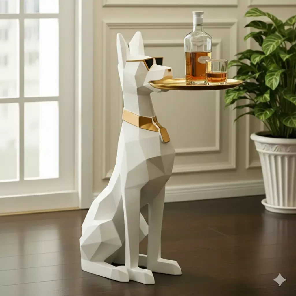 Ağzında Tepsili Heykel Doberman Köpek (Sehpa) 75x42cm (El Boyaması) - 2