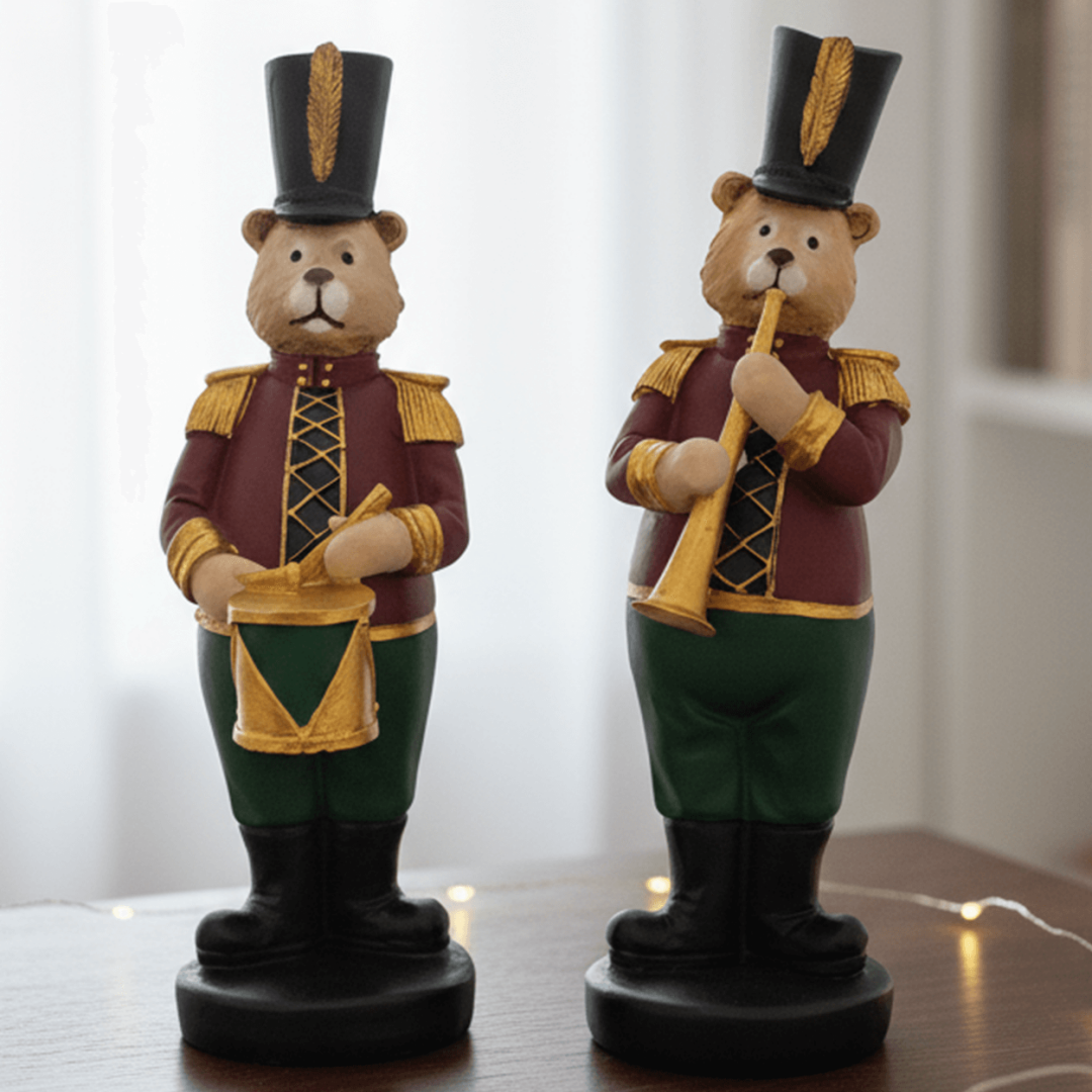 Davul ve Trompet Çalan Ayı Seti Yılbaşı Biblo - 2 Adet (31x13cm)  - 3