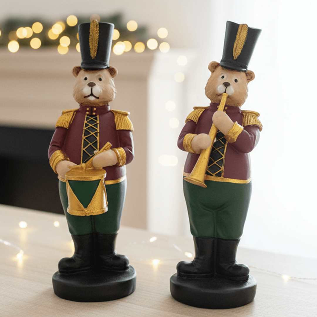 Davul ve Trompet Çalan Ayı Seti Yılbaşı Biblo - 2 Adet (31x13cm) 