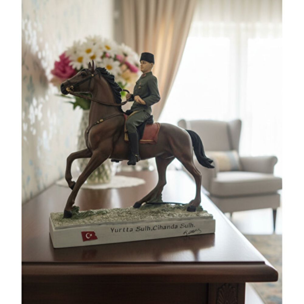 Dekoratif At Üzerinde Atatürk Heykeli (24x25cm) - Yurtta Sulh Cihanda Sulh - 3
