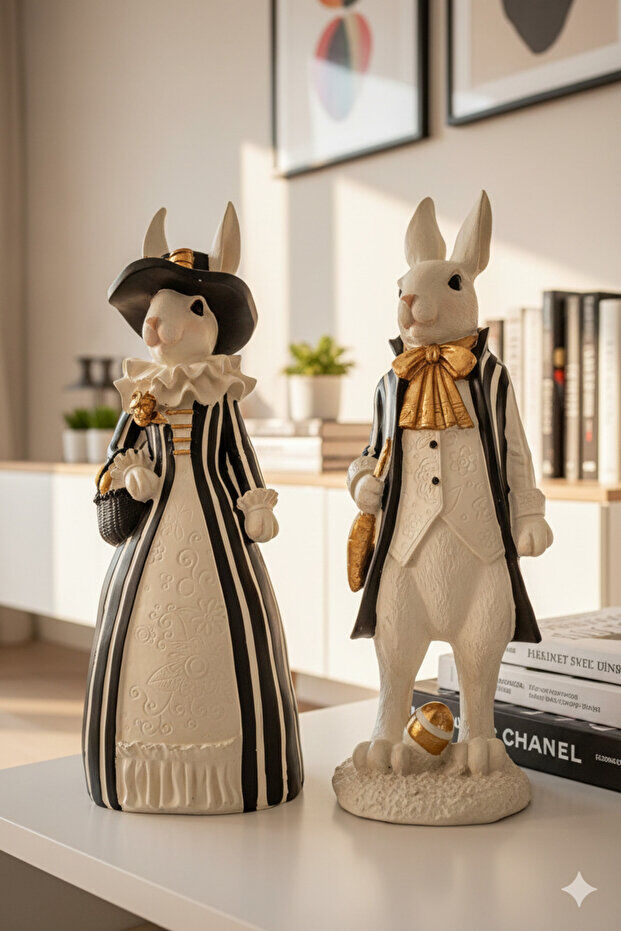 Dekoratif Çift Tavşan Heykeli Polyester El Boyaması Biblo 2 Adet (35x13cm) - 2