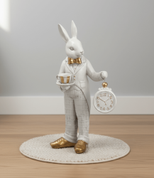 Dekoratif Duvar Saatli Tavşan Heykeli Lüks Dekorasyon Biblo (37x22cm) - 1