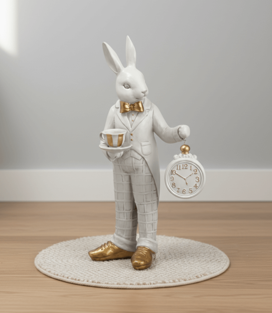 Dekoratif Duvar Saatli Tavşan Heykeli Lüks Dekorasyon Biblo (37x22cm)