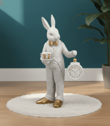 Dekoratif Duvar Saatli Tavşan Heykeli Lüks Dekorasyon Biblo (37x22cm) - 2