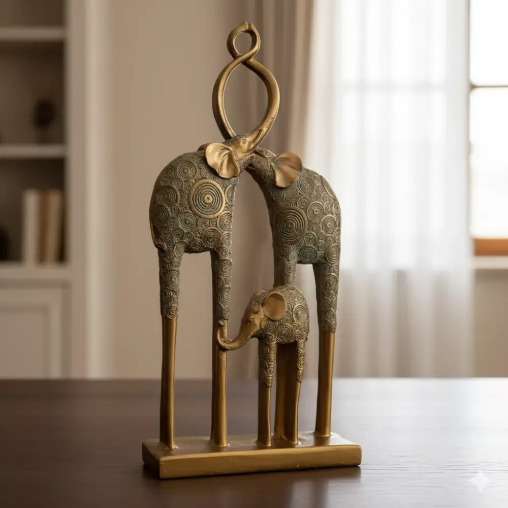 Dekoratif Fil Ailesi Biblo  Küf Yeşili ve Gold 35x18 cm