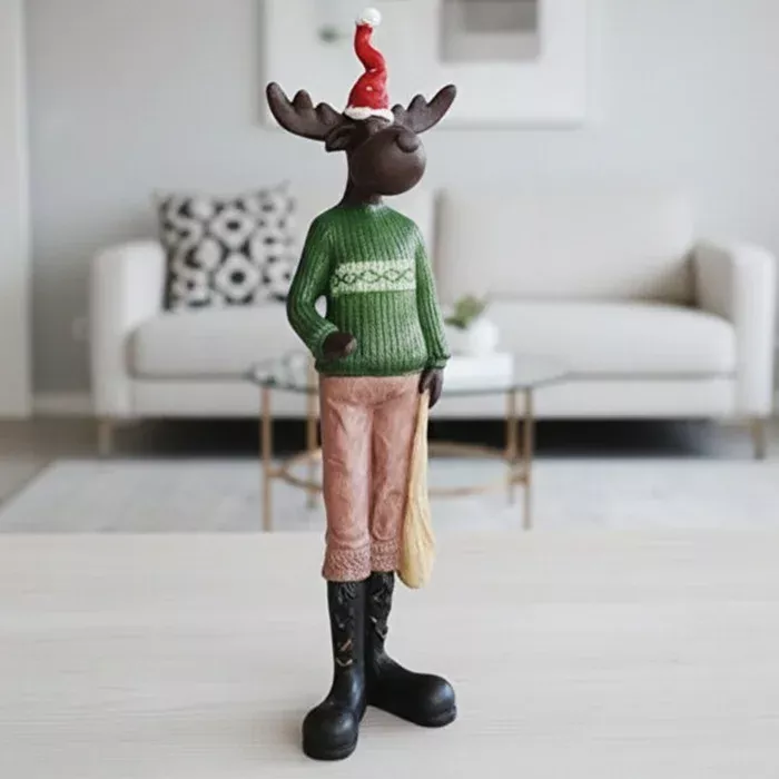 Dekoratif Geyik Adam Heykel Biblo – Noel Şapkalı 32x24cm - 2