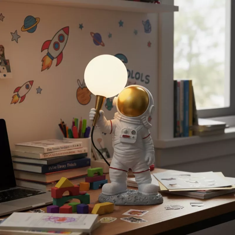 Dekoratif Lambalı Astronot Heykeli Genç ve Çocuk Odası Dekorasyon (34x19cm)