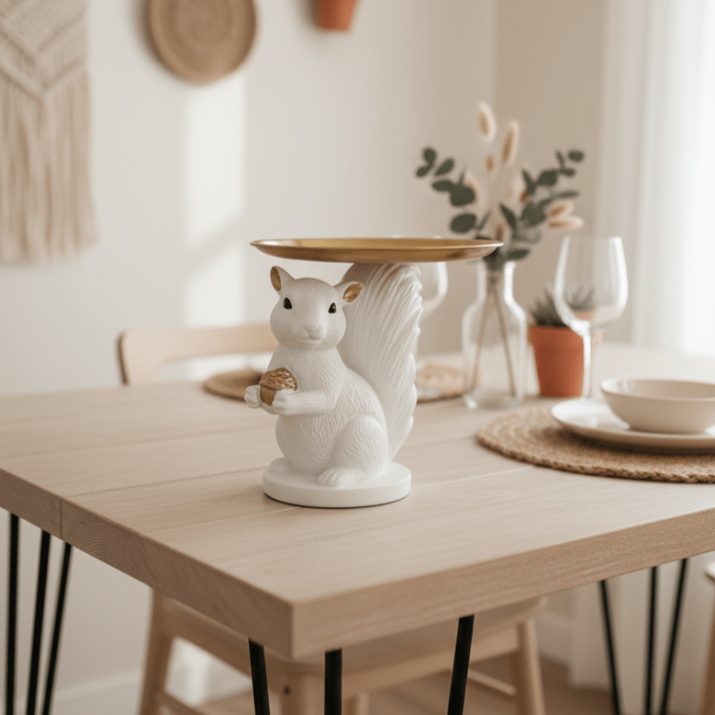 Dekoratif Lüks Sunumluk Tepsili Sincap Biblo (El Boyaması 20x17cm)