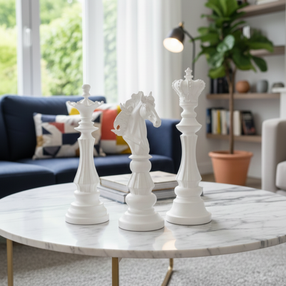 Dekoratif Satranç Taşı Heykel Set (3 Adet Biblo 32x12cm)