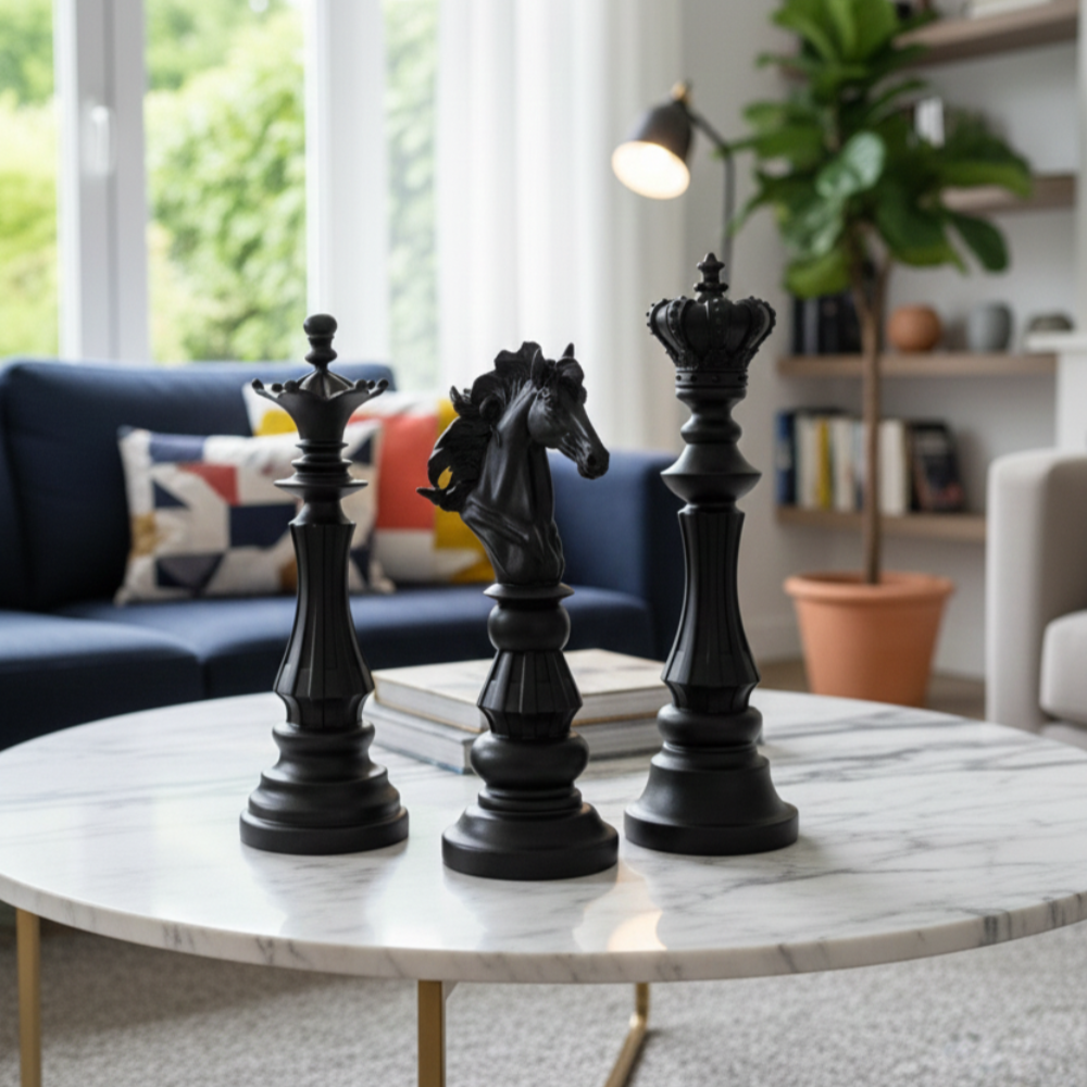 Dekoratif Satranç Taşı Heykel Set (3 Adet Biblo 32x12cm) - 4