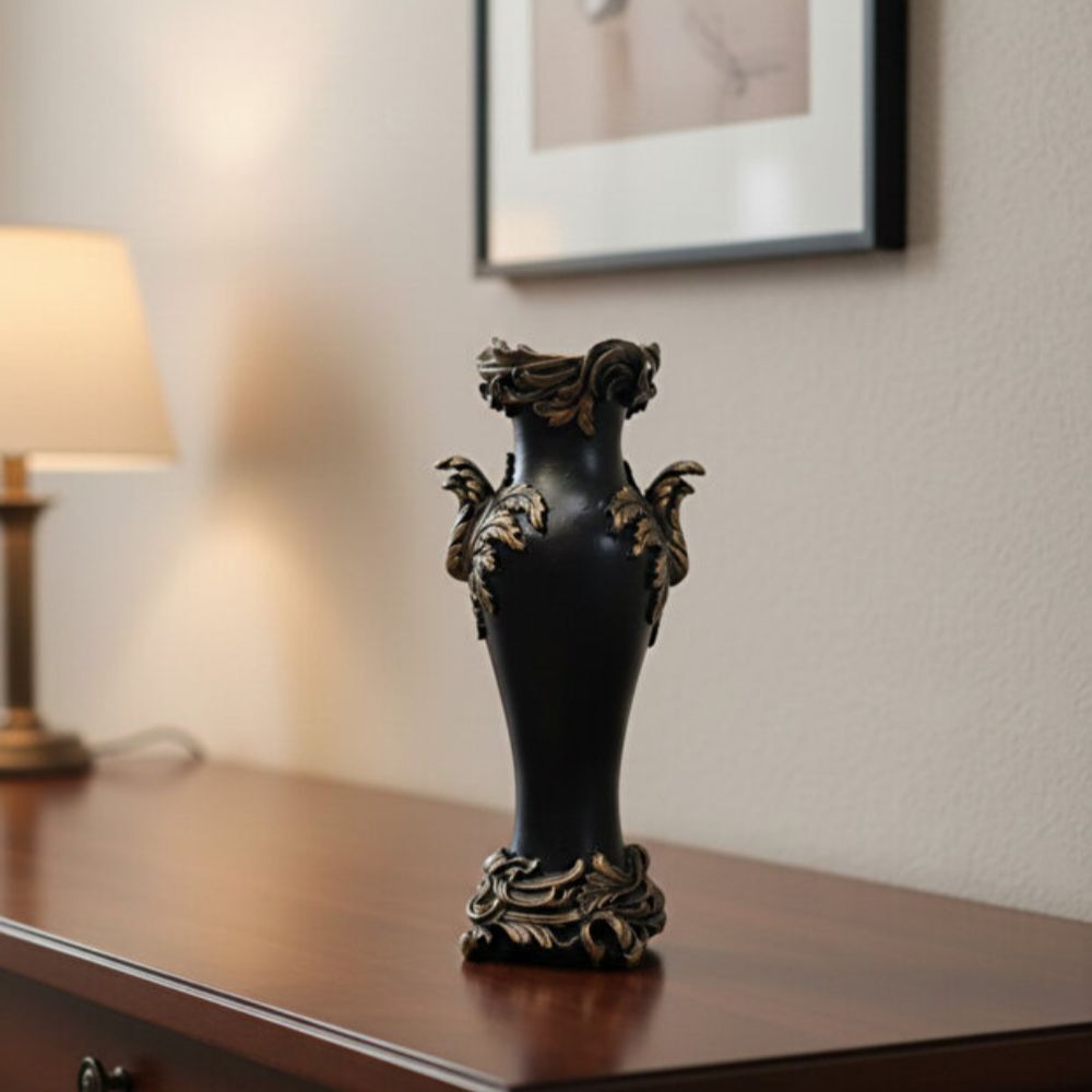 Dekoratif Yaprak Detaylı Siyah Vazo Lüks  (35x17cm) - 2