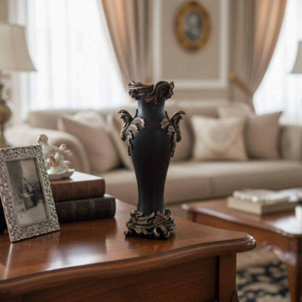 Dekoratif Yaprak Detaylı Siyah Vazo Lüks  (35x17cm) - 3