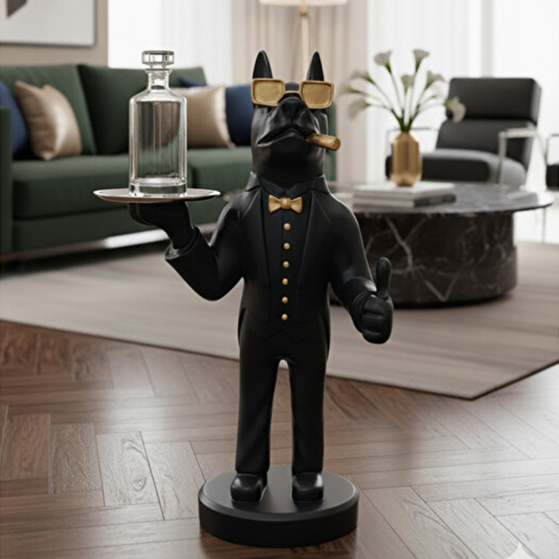 Lüks Fransız Buldog Tepsili Köpek Biblo 70x35cm