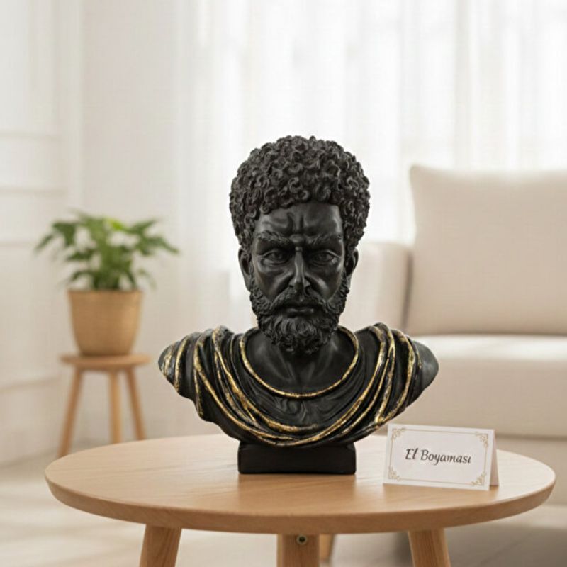 Marcus Heykeli Mat Siyah ve Altın Süslemeli Dekoratif Erkek Adam Obje (31x29cm)