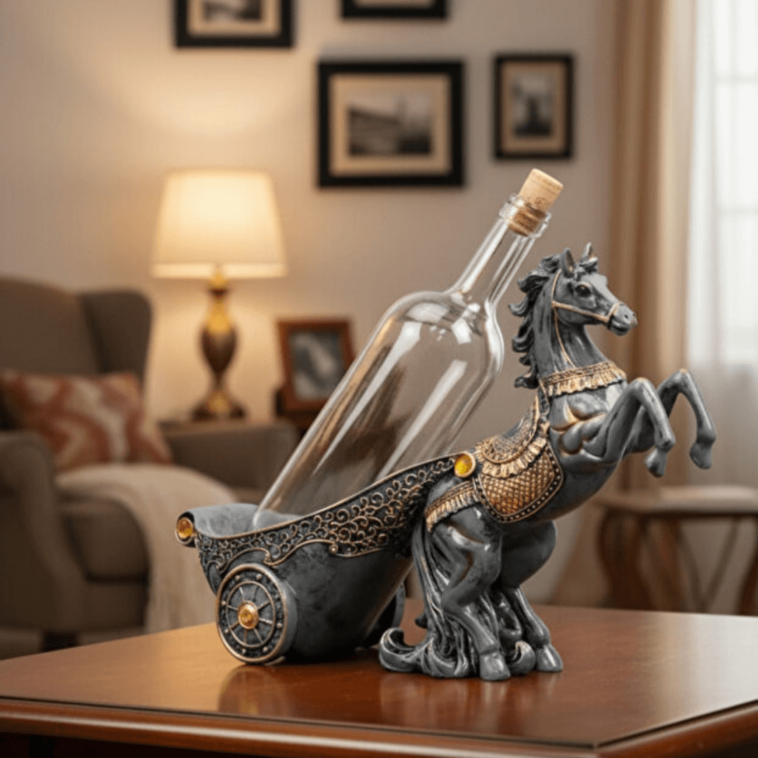 Şahlanan At Şaraplık ve Şişe Tutucu Biblo 3D El Boyaması (40x27cm)