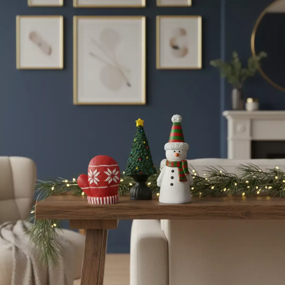 Yılbaşı 3'lü Obje ve Biblo Seti Eldiven Çam Ağacı Kardan Adam (Y 10x17x18 cm) - 3